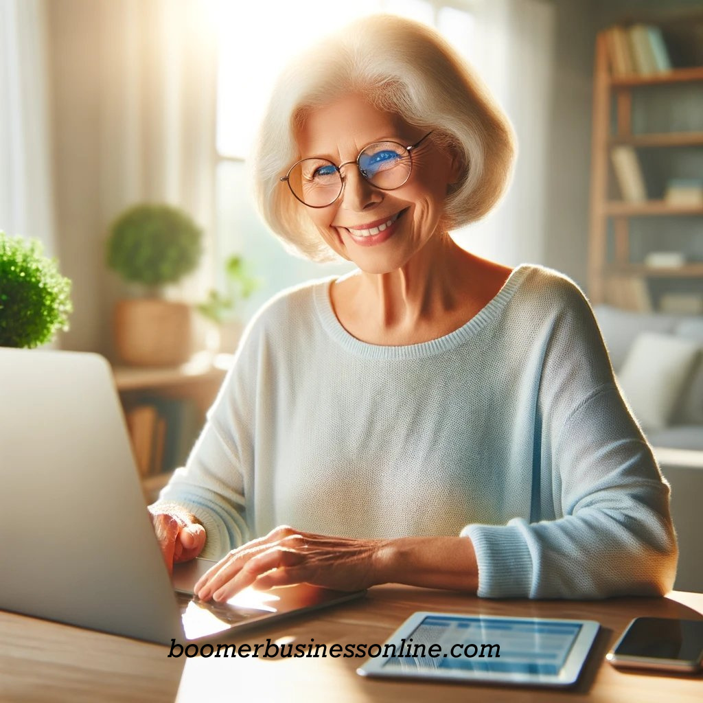 make-money-online-older-people - older lady smiling while working on her laptop